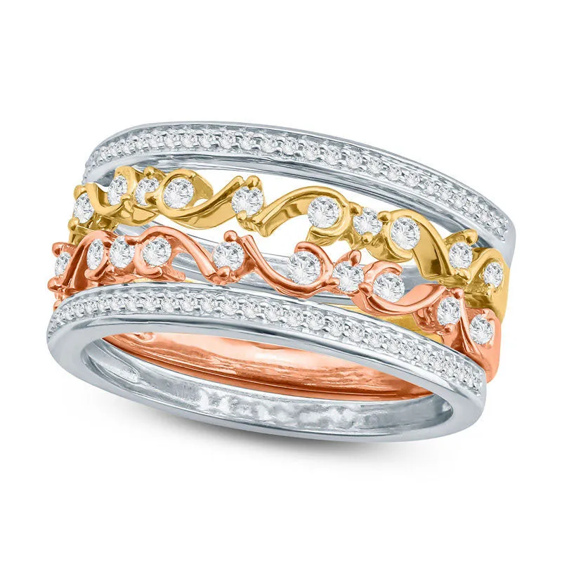 0.50 CT. T.W. Natural Diamond Filigree Stackable Four Ring Set in Solid 10K Tri-Tone Gold