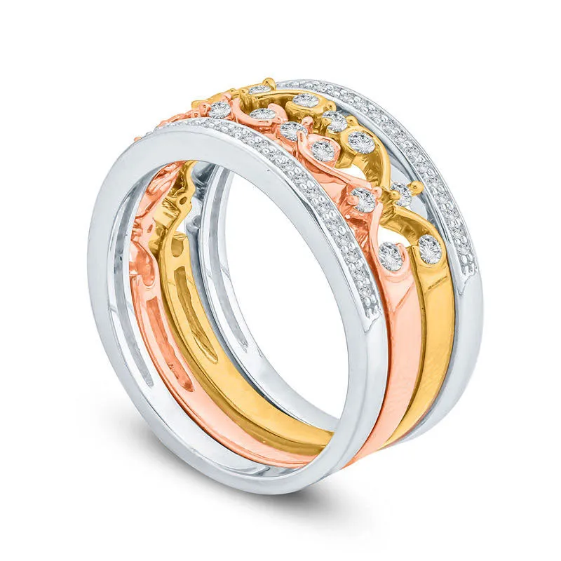 0.50 CT. T.W. Natural Diamond Filigree Stackable Four Ring Set in Solid 10K Tri-Tone Gold