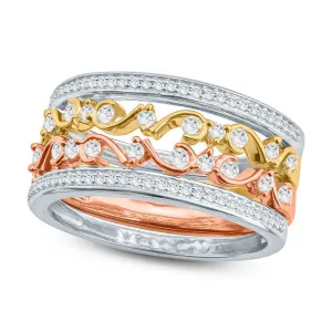 0.50 CT. T.W. Natural Diamond Filigree Stackable Four Ring Set in Solid 10K Tri-Tone Gold