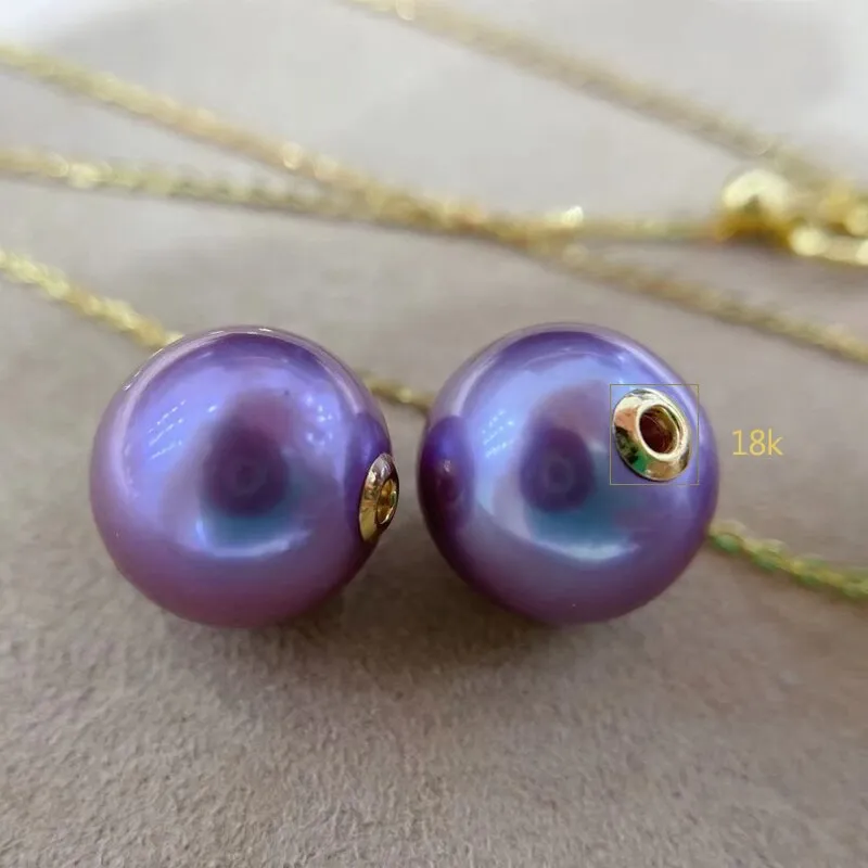 18K Gold Round 12mm Nature Fresh Water Edison Purple Pearls Pendants