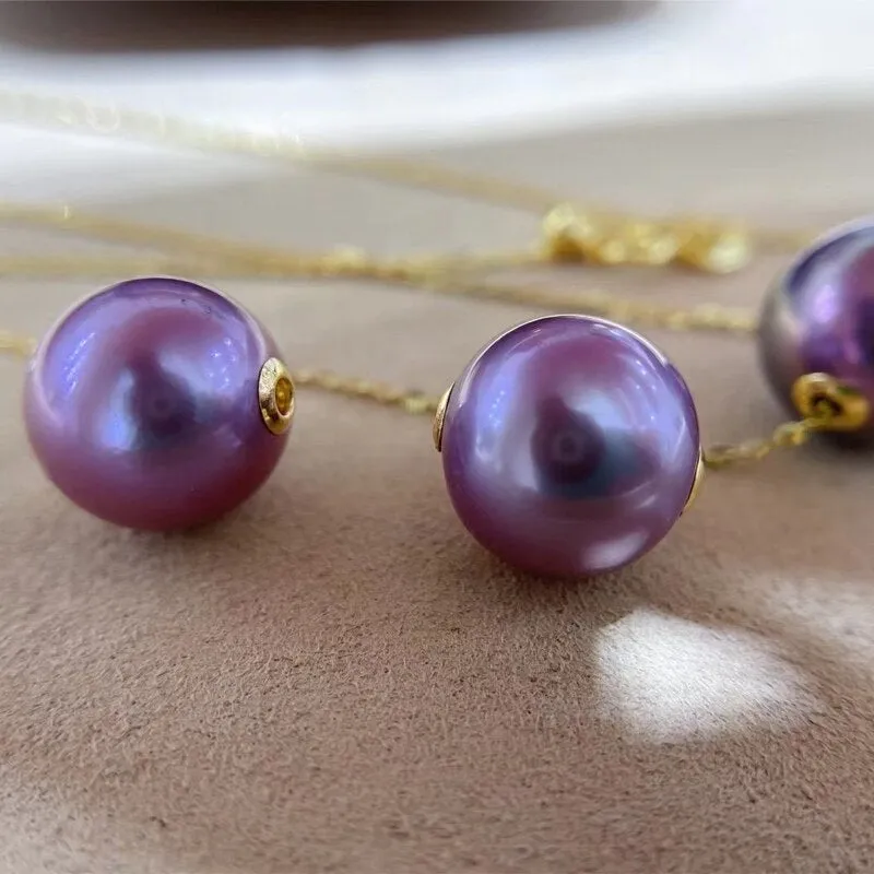 18K Gold Round 12mm Nature Fresh Water Edison Purple Pearls Pendants