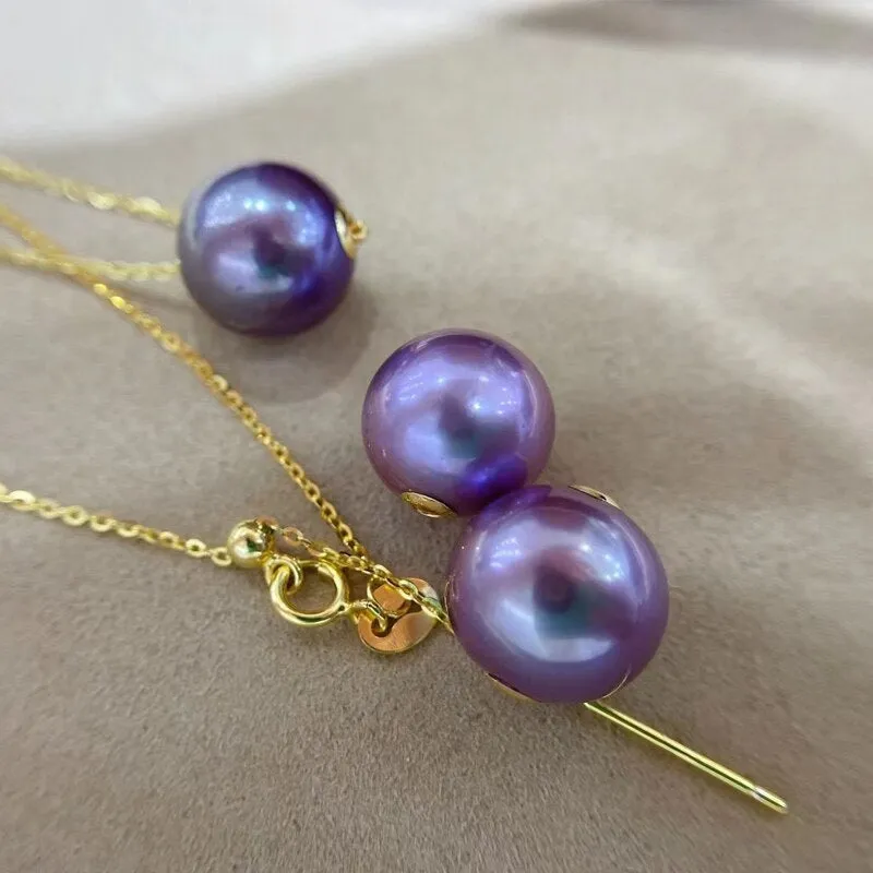 18K Gold Round 12mm Nature Fresh Water Edison Purple Pearls Pendants