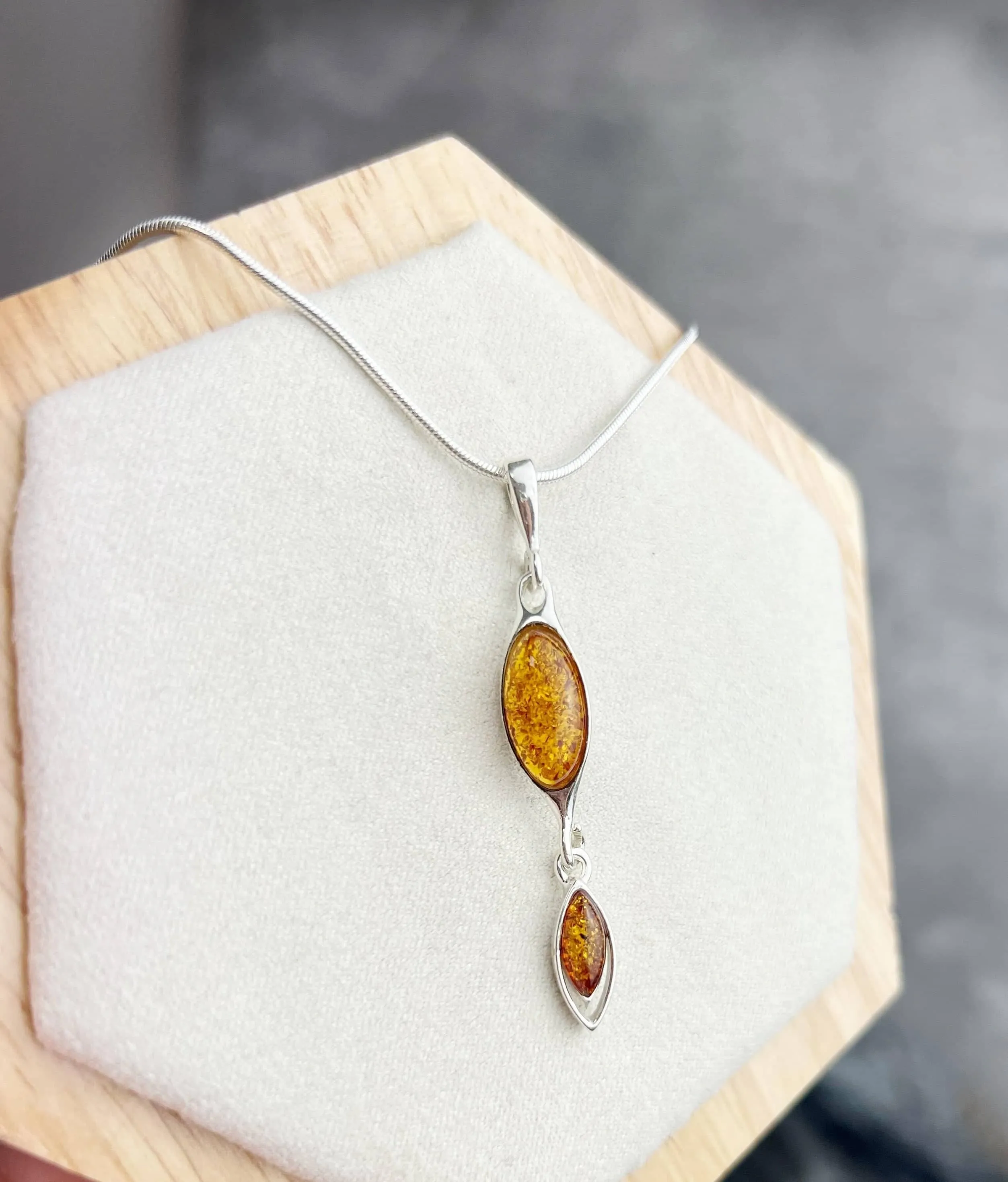 925 Sterling Silver & Genuine Baltic Amber Modern  Long Pendant - M270