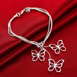 925 Sterling Silver Chain Three Butterfly Bracelet
