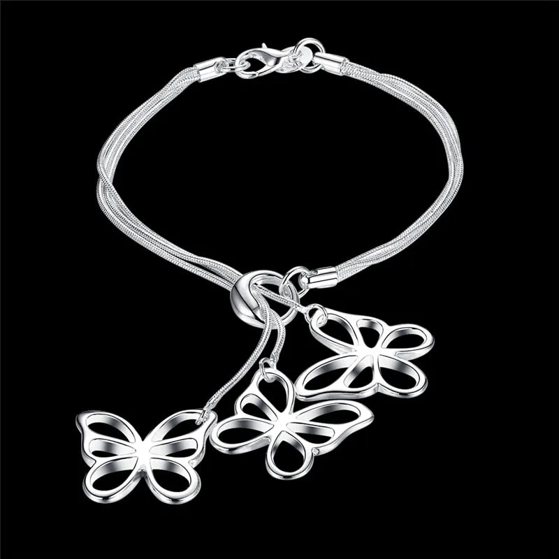 925 Sterling Silver Chain Three Butterfly Bracelet