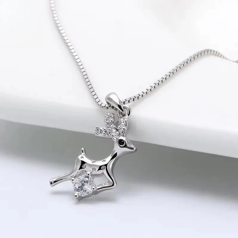 925 Sterling Silver Cute deer Pendant Necklaces with AAAA Zirconia