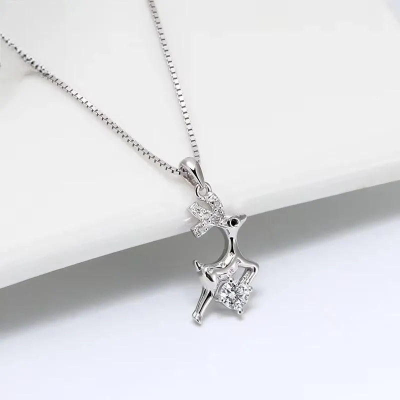 925 Sterling Silver Cute deer Pendant Necklaces with AAAA Zirconia