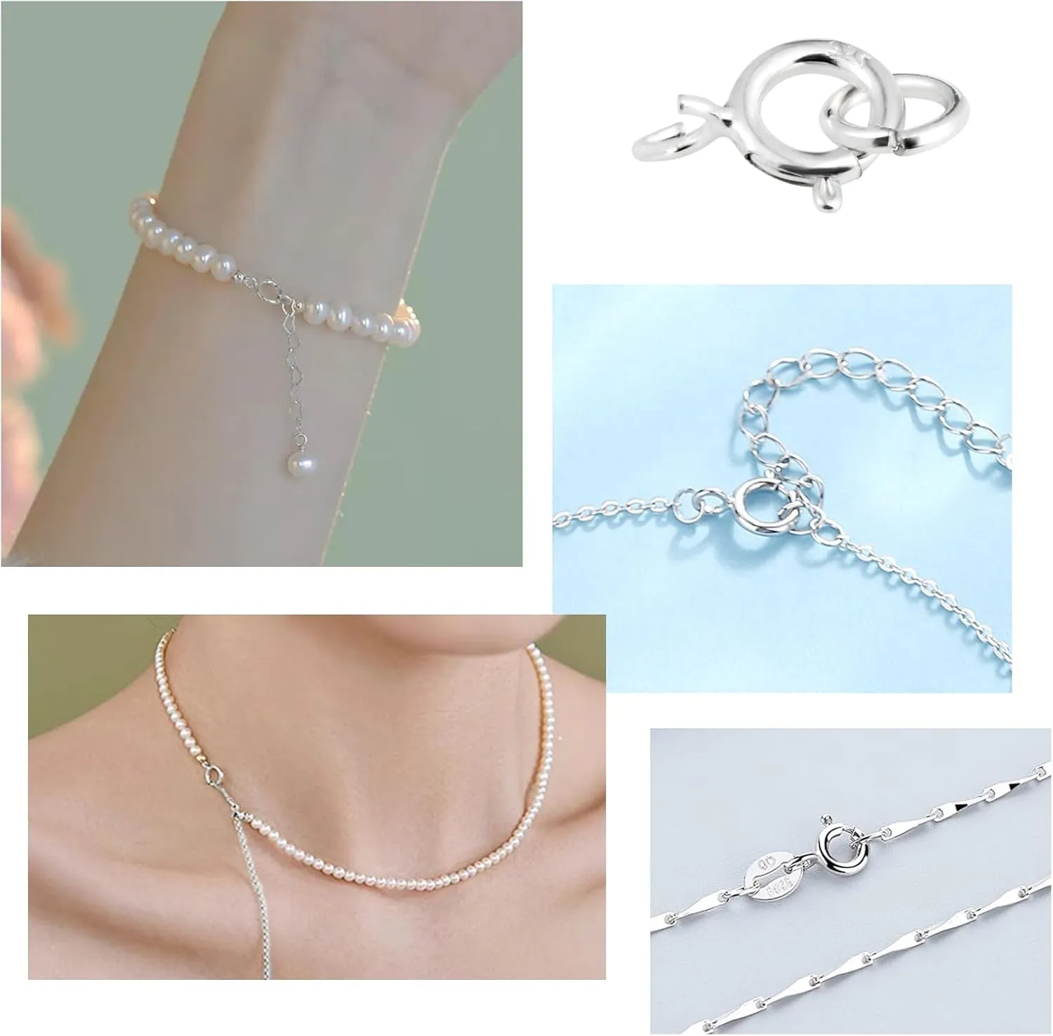 925 Sterling Silver Necklace Clasps - 5Mm Spring Clasps for Jewelry Making, Sterling Silver 4Mm Jump Rings, Jewelry Clasps and Closures, Suitable for Jewelry Making Necklace (Sterling Silver)