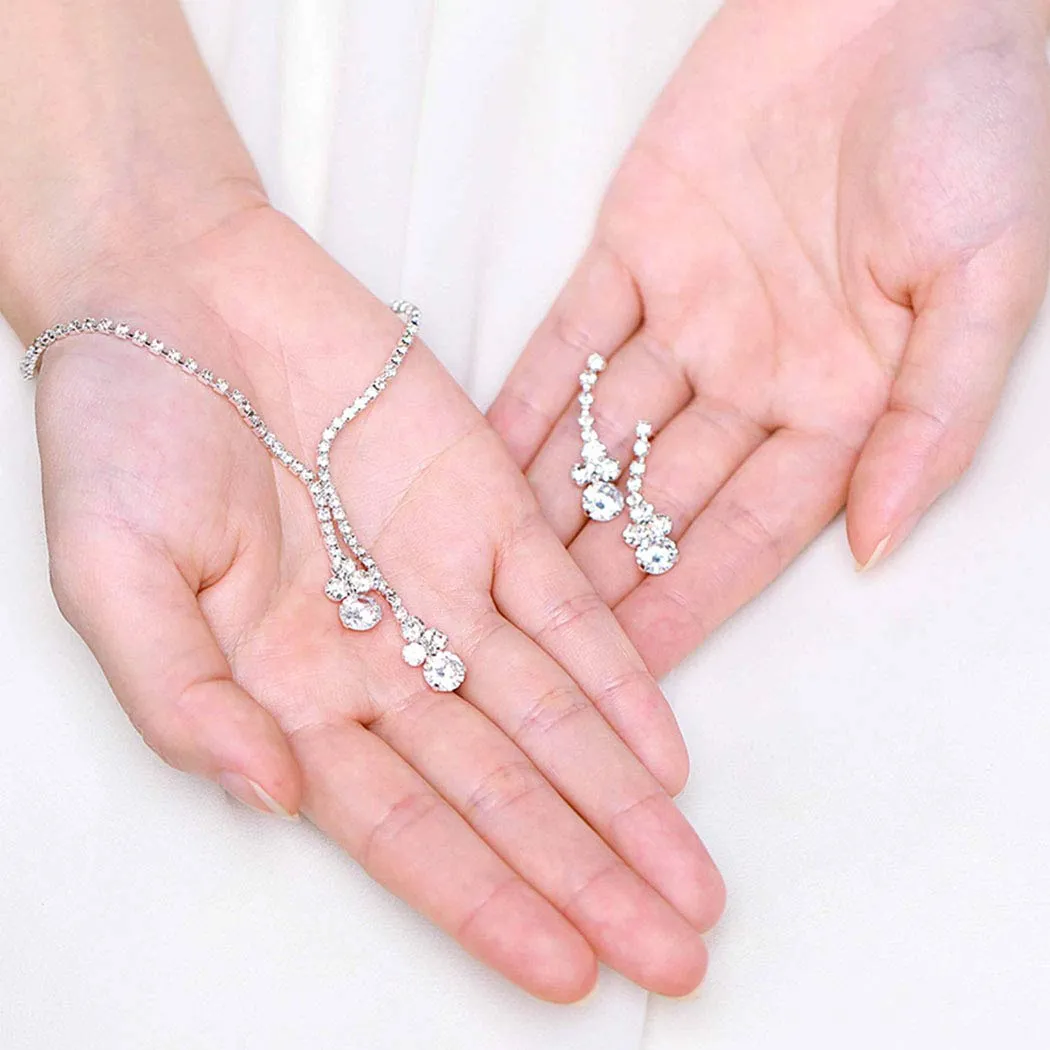 Aukmla Bride Wedding Necklace Earrings Set Silver Crystal Necklaces Rhinestone Necklaces Jewelry Accessories for Women and Girls Necklace-026 (Set of 3)