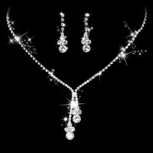 Aukmla Bride Wedding Necklace Earrings Set Silver Crystal Necklaces Rhinestone Necklaces Jewelry Accessories for Women and Girls Necklace-026 (Set of 3)