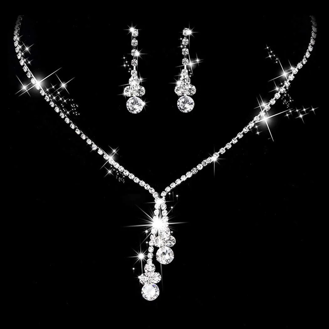 Aukmla Bride Wedding Necklace Earrings Set Silver Crystal Necklaces Rhinestone Necklaces Jewelry Accessories for Women and Girls Necklace-026 (Set of 3)