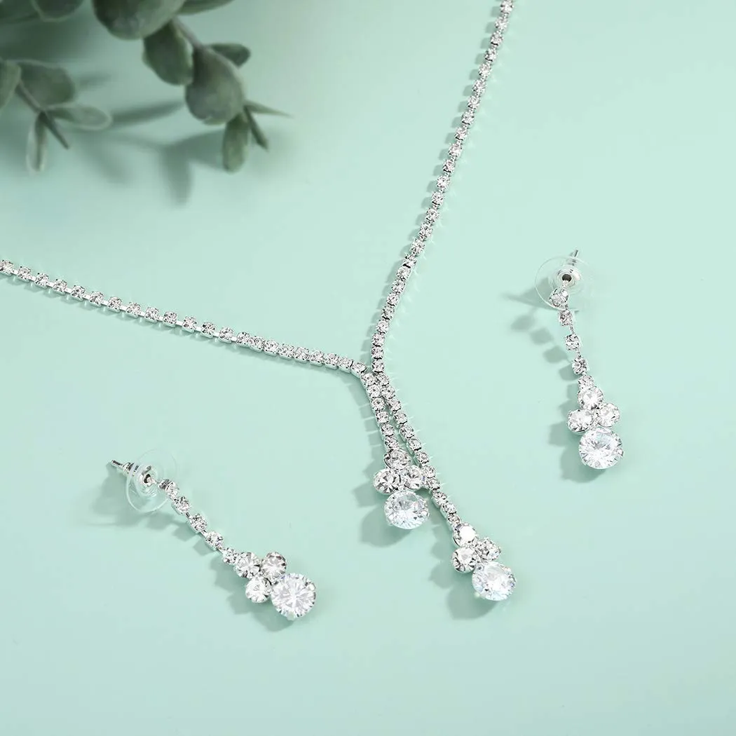 Aukmla Bride Wedding Necklace Earrings Set Silver Crystal Necklaces Rhinestone Necklaces Jewelry Accessories for Women and Girls Necklace-026 (Set of 3)