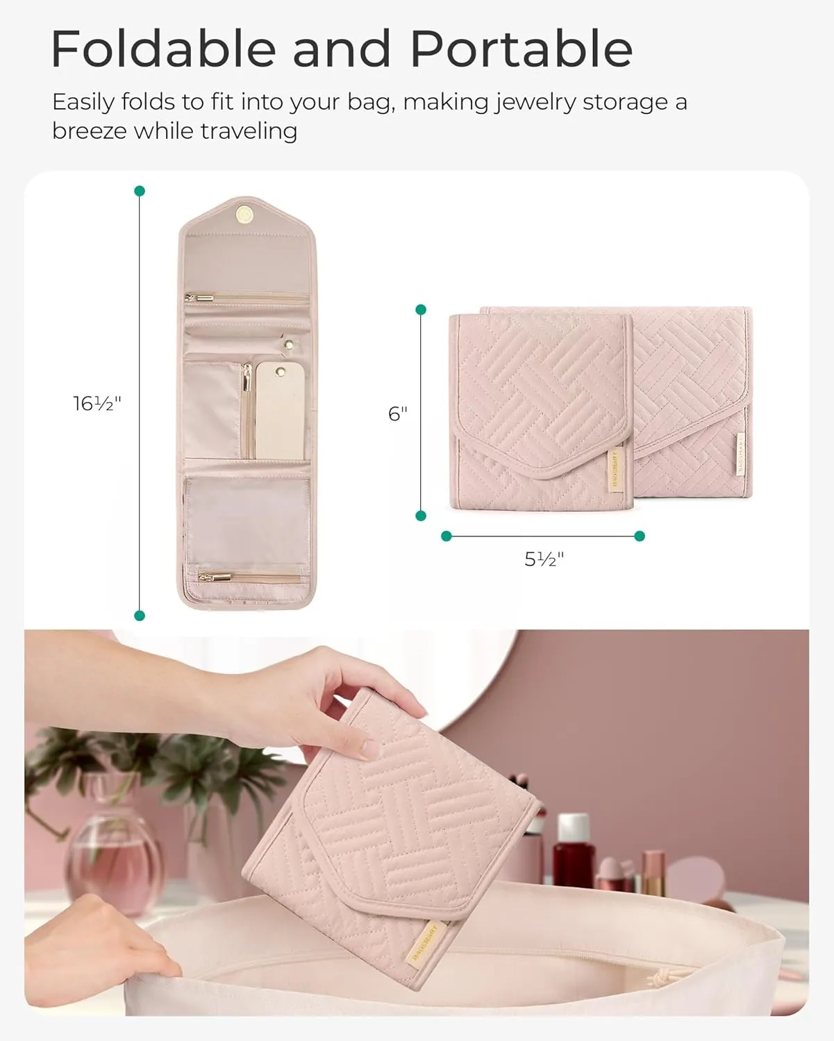 BAGSMART Travel Jewelry Organizer Case Foldable Jewelry Roll for Journey Rings, Necklaces, Earrings, Bracelets,Mini,Soft Pink