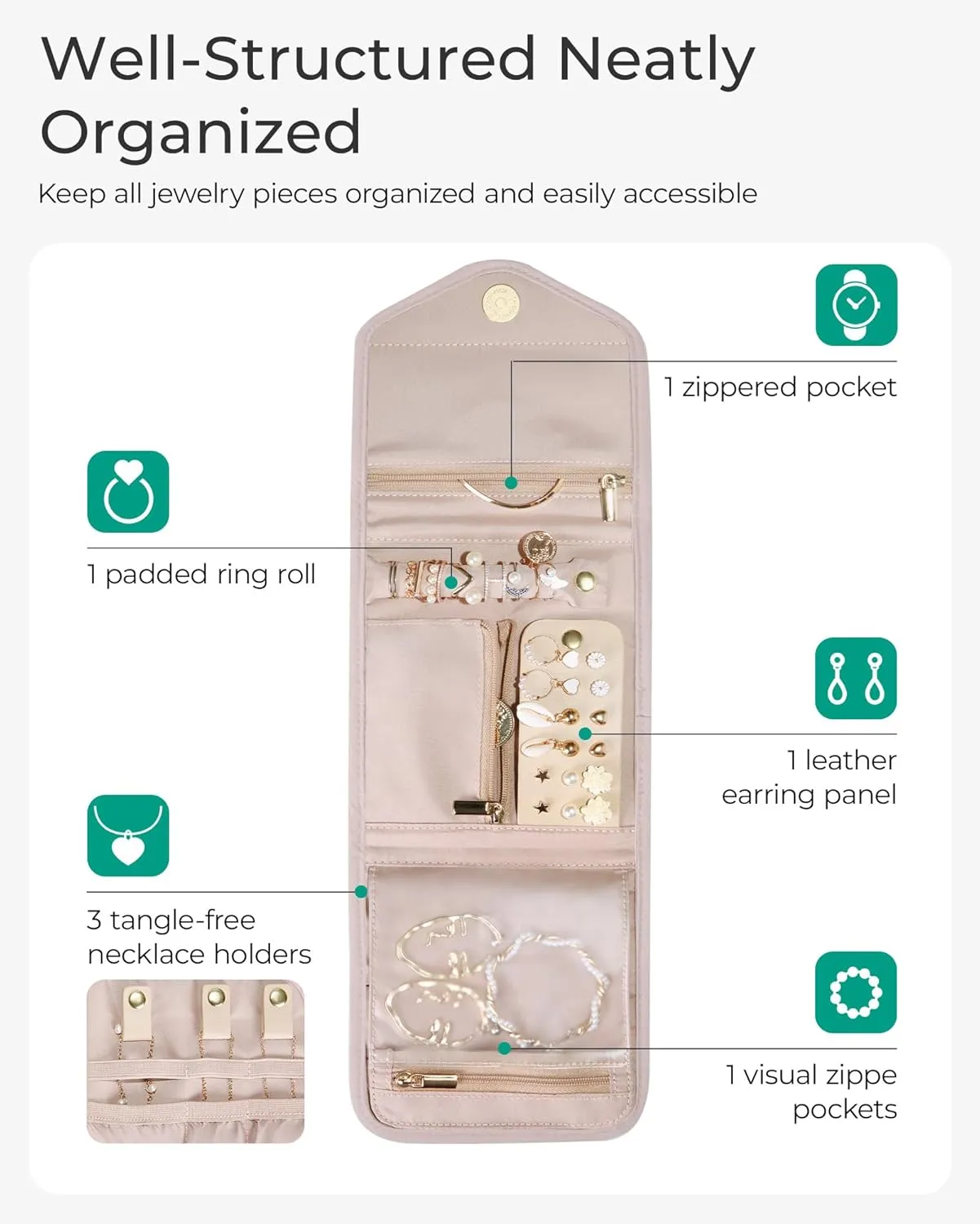 BAGSMART Travel Jewelry Organizer Case Foldable Jewelry Roll for Journey Rings, Necklaces, Earrings, Bracelets,Mini,Soft Pink