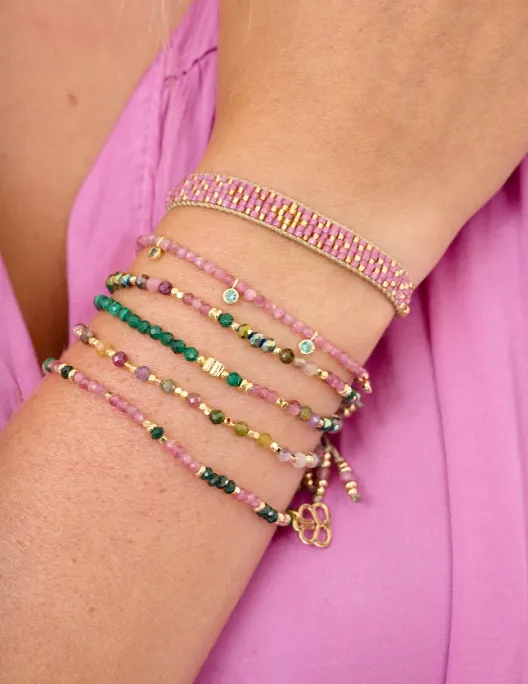 Budelli Gold, Pink Tourmaline, and Malachite Beaded Bracelet Stack