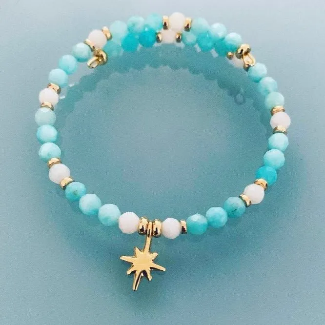 Clover Pearl and Star Bangle Bracelet | Women's Gourmet Bracelet with Magical Natural Stones and 24K Gold Plated Heishi Pearls Golden Bracelet