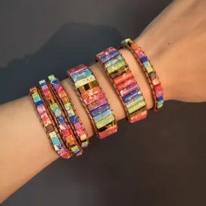 Color Positivity(International Friendship) Chakra Bracelets- Jewelry Handmade Multicolor Natural Stone Tube Beads Leather Wrap Bracelet Couples Bracelets Gifts