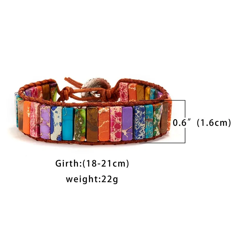 Color Positivity(International Friendship) Chakra Bracelets- Jewelry Handmade Multicolor Natural Stone Tube Beads Leather Wrap Bracelet Couples Bracelets Gifts