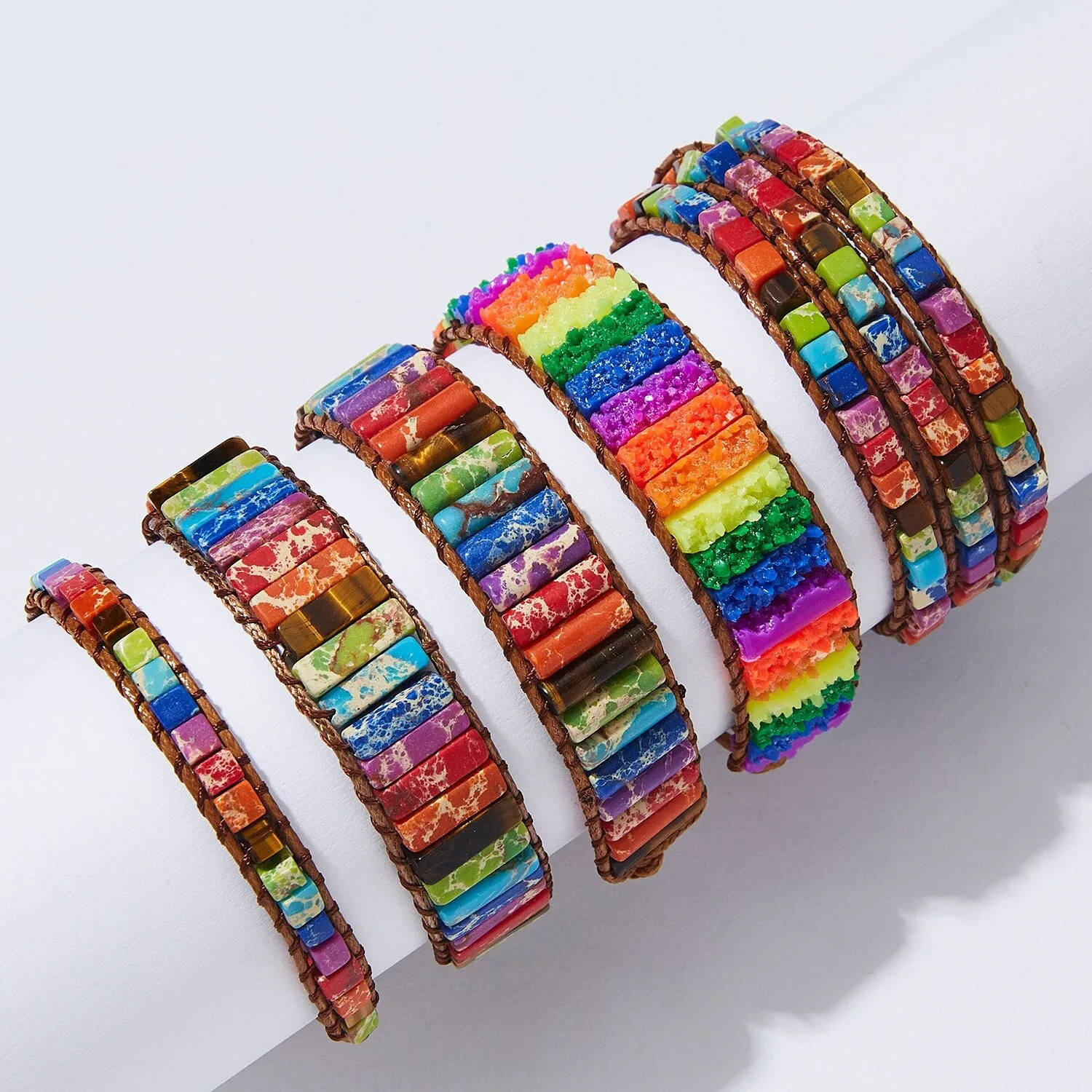 Color Positivity(International Friendship) Chakra Bracelets- Jewelry Handmade Multicolor Natural Stone Tube Beads Leather Wrap Bracelet Couples Bracelets Gifts