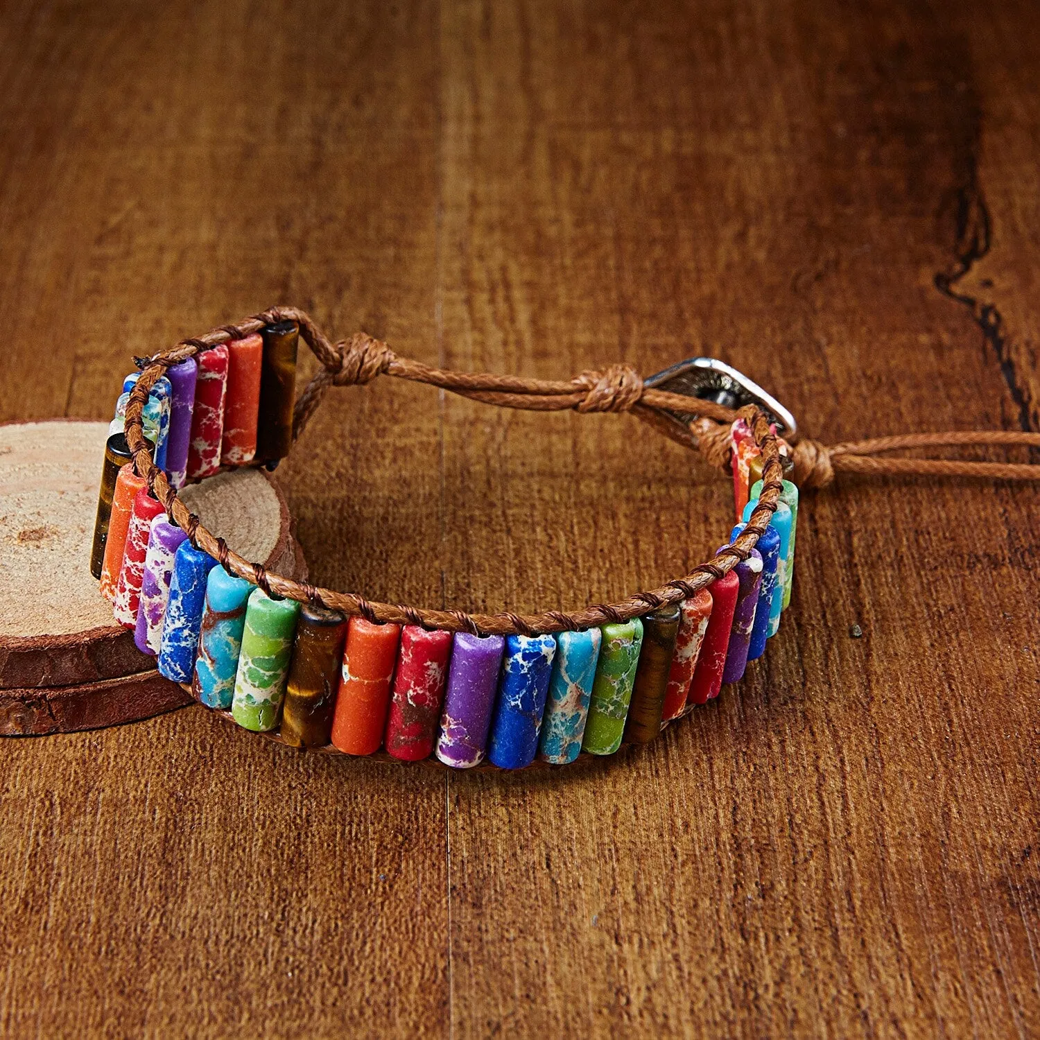 Color Positivity(International Friendship) Chakra Bracelets- Jewelry Handmade Multicolor Natural Stone Tube Beads Leather Wrap Bracelet Couples Bracelets Gifts