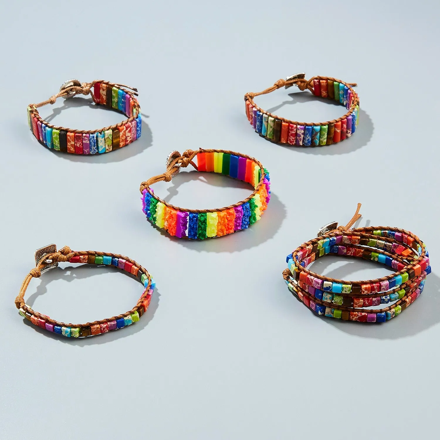 Color Positivity(International Friendship) Chakra Bracelets- Jewelry Handmade Multicolor Natural Stone Tube Beads Leather Wrap Bracelet Couples Bracelets Gifts