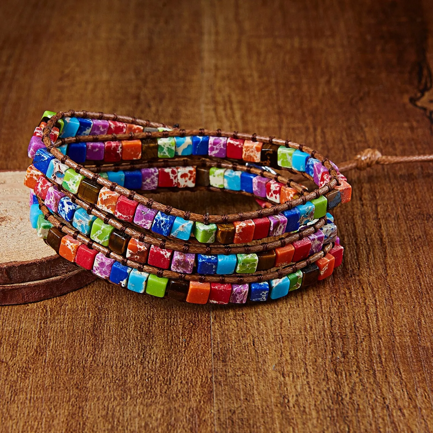 Color Positivity(International Friendship) Chakra Bracelets- Jewelry Handmade Multicolor Natural Stone Tube Beads Leather Wrap Bracelet Couples Bracelets Gifts