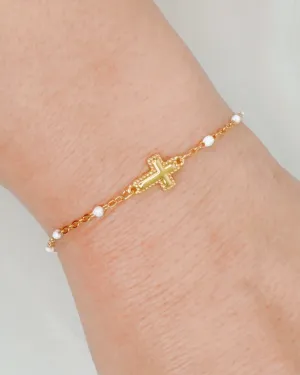 Dainty Color Dots Chain Cross Bracelet - White