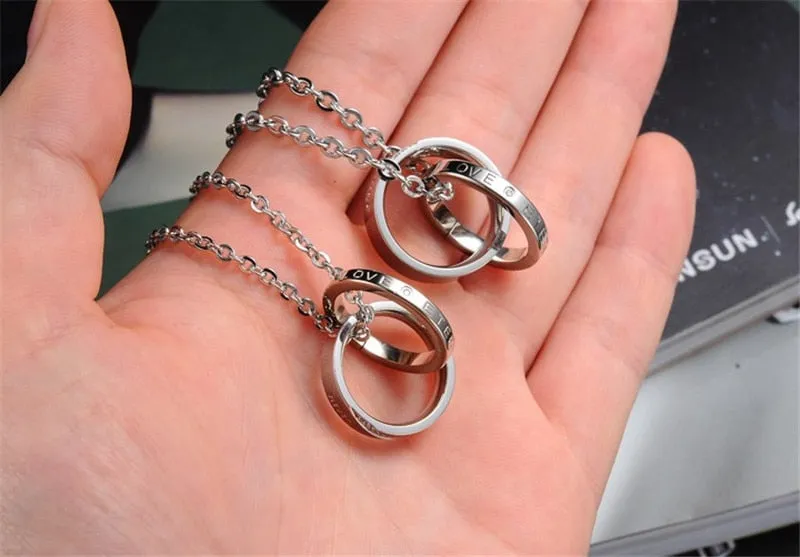 Dual Rings with Cubic Zirconia Couple Pendant Necklaces