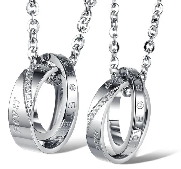 Dual Rings with Cubic Zirconia Couple Pendant Necklaces