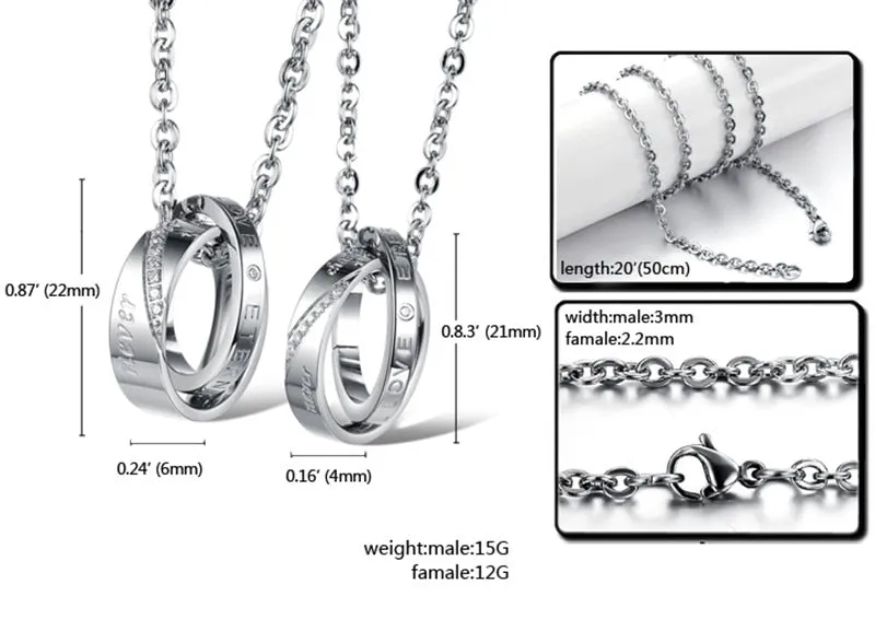 Dual Rings with Cubic Zirconia Couple Pendant Necklaces