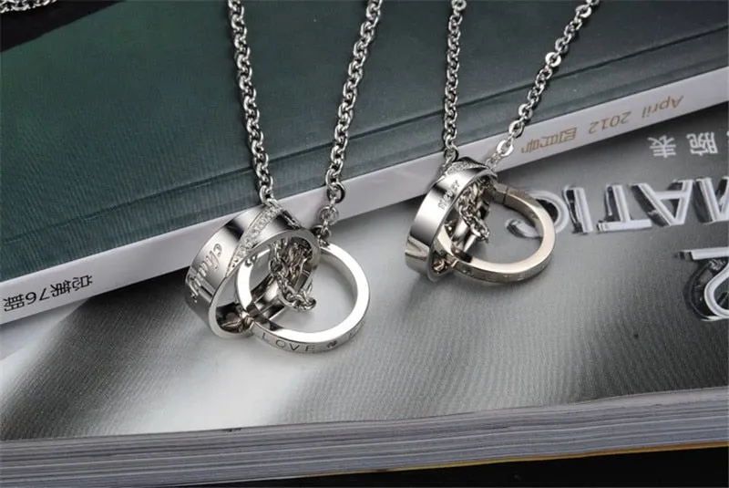 Dual Rings with Cubic Zirconia Couple Pendant Necklaces
