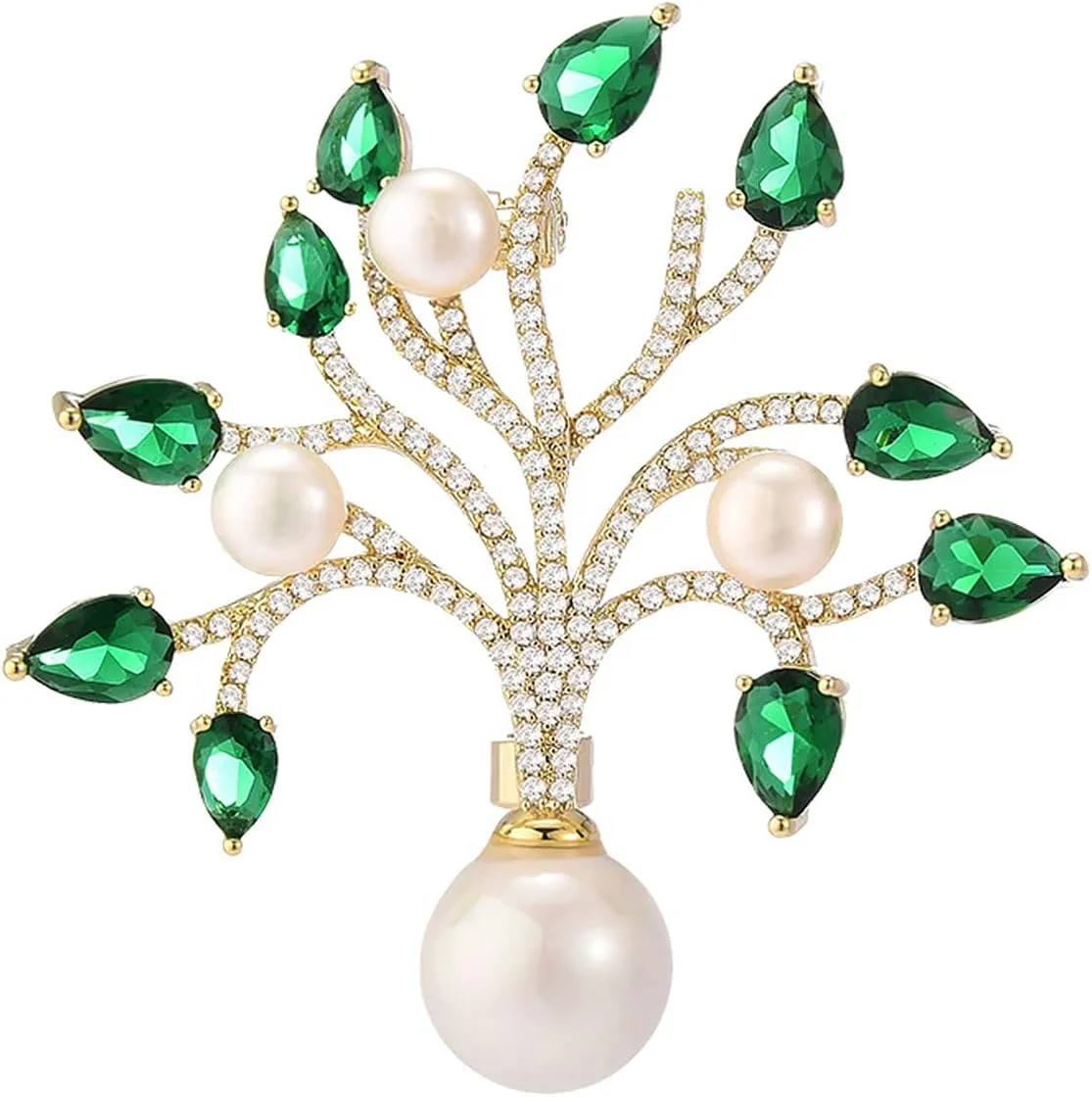 Green Leaves Tree Of Life Brooch Pins for Women Fashion Cubic Zirconia Broach Jewelry Imitation Pearl Brooches