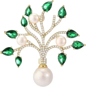 Green Leaves Tree Of Life Brooch Pins for Women Fashion Cubic Zirconia Broach Jewelry Imitation Pearl Brooches