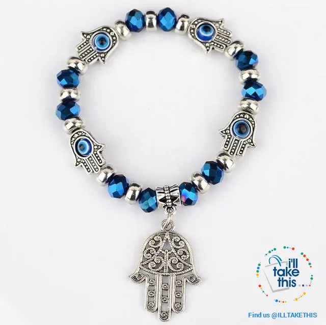 Handmade elasticized Kabbalah Fatima Hamsa Hand Blue Evil Eye Charms Bracelets, attract good Luck