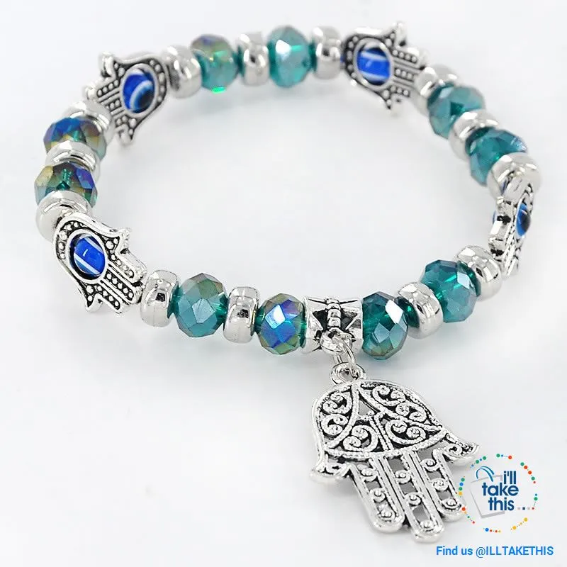 Handmade elasticized Kabbalah Fatima Hamsa Hand Blue Evil Eye Charms Bracelets, attract good Luck