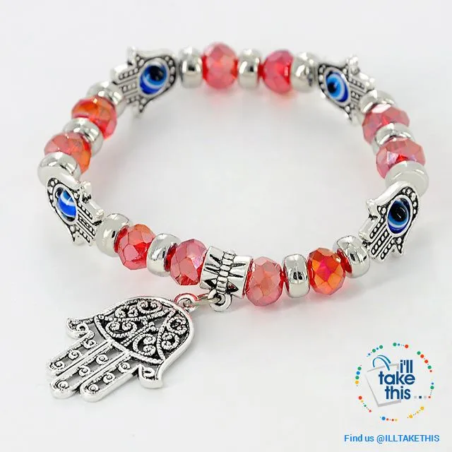 Handmade elasticized Kabbalah Fatima Hamsa Hand Blue Evil Eye Charms Bracelets, attract good Luck