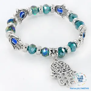 Handmade elasticized Kabbalah Fatima Hamsa Hand Blue Evil Eye Charms Bracelets, attract good Luck