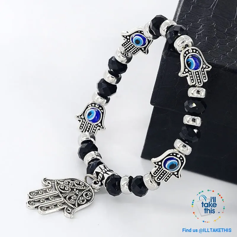 Handmade elasticized Kabbalah Fatima Hamsa Hand Blue Evil Eye Charms Bracelets, attract good Luck