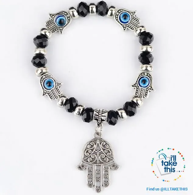Handmade elasticized Kabbalah Fatima Hamsa Hand Blue Evil Eye Charms Bracelets, attract good Luck