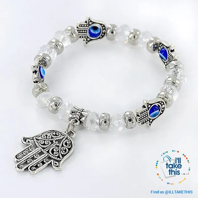 Handmade elasticized Kabbalah Fatima Hamsa Hand Blue Evil Eye Charms Bracelets, attract good Luck