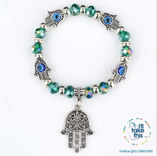 Handmade elasticized Kabbalah Fatima Hamsa Hand Blue Evil Eye Charms Bracelets, attract good Luck