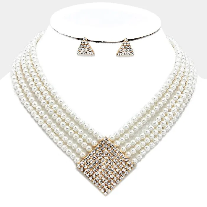 iLLASPARKZ Geometric crystal detail multi-strand pearl necklace
