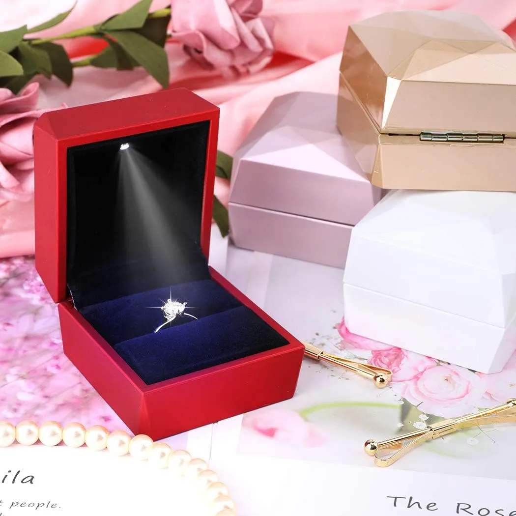 iSuperb Ring Box Proposal Engagement Square Ring Boxes with LED Light Case Jewelry Gift Box for Proposal Wedding Anniversary (Red)
