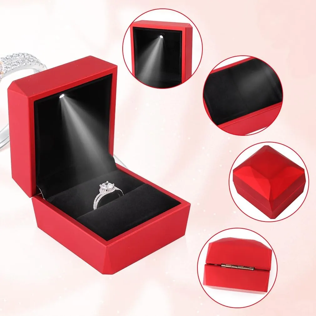 iSuperb Ring Box Proposal Engagement Square Ring Boxes with LED Light Case Jewelry Gift Box for Proposal Wedding Anniversary (Red)