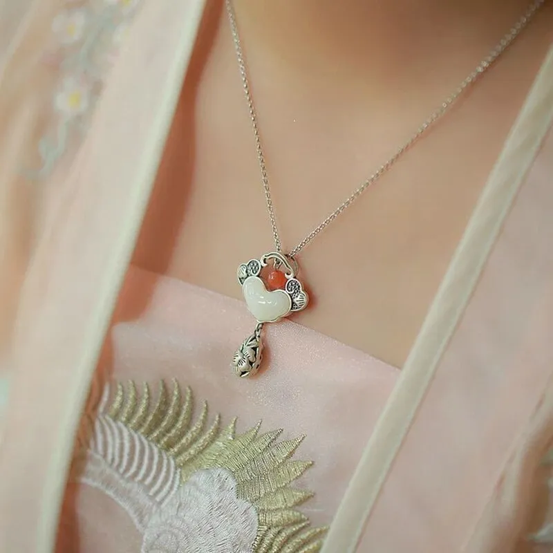 jade hollow peony tassel pendant necklace ladies accessories