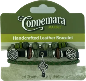 Leather & Connemara Marble Hippie Bracelet - Celtic Cross Charm