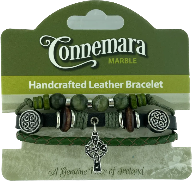 Leather & Connemara Marble Hippie Bracelet - Celtic Cross Charm
