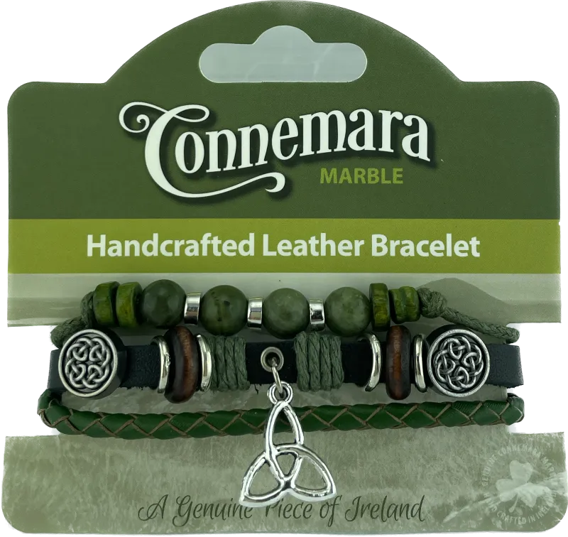 Leather & Connemara Marble Hippie Bracelet - Celtic Trinity Knot Charm