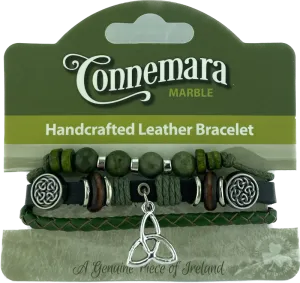 Leather & Connemara Marble Hippie Bracelet - Celtic Trinity Knot Charm