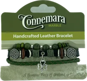 Leather & Connemara Marble Hippie Bracelet - Shamrock Charm